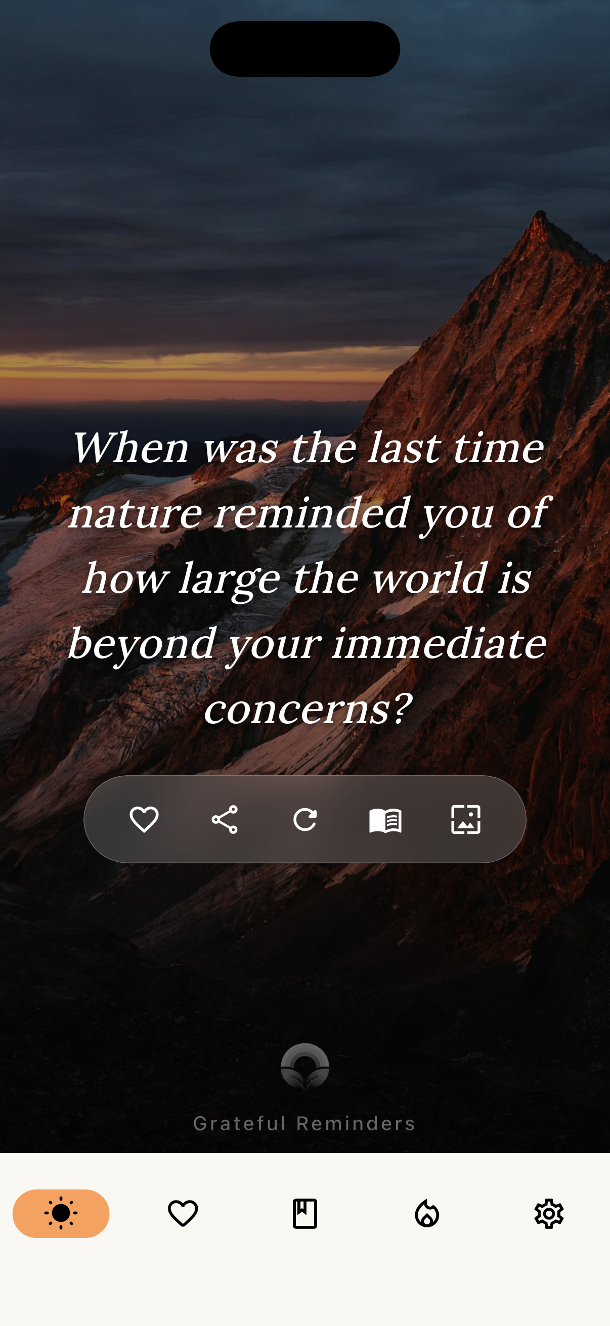 Grateful Reminders prompt screen with mountain background